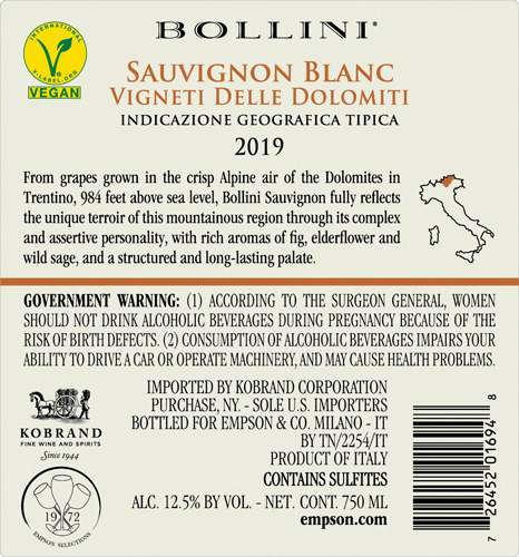 Sauvignon Blanc Vigneti delle Dolomiti IGT 2019 Back Label (vegan)