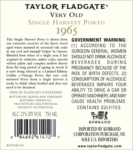1965 Single Harvest Porto Back Label