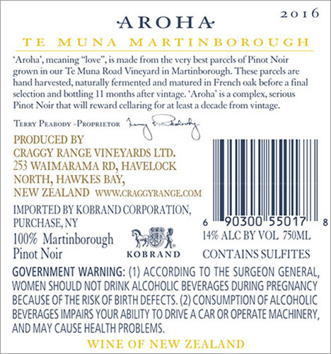 Aroha Pinot Noir 2016 Back Label