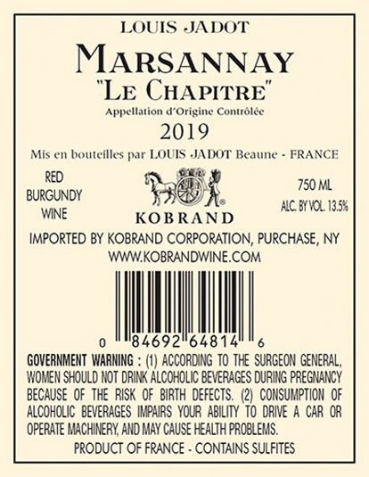Marsannay Le Chapitre 2019 Back Label
