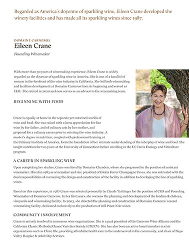 Eileen Crane, Domaine Carneros Founding Winemaker Biography