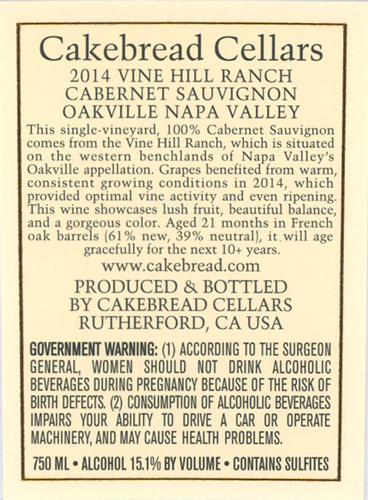 Vine Hill Ranch Cabernet Sauvignon 2014 Back Label