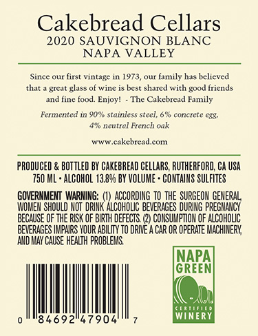 Napa Valley Sauvignon Blanc 2020 Back label