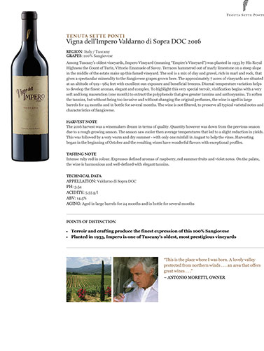 Vigna dell’Impero Valdarno di Sopra DOC 2016 Fact Sheet