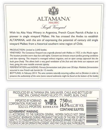 Single Vineyard Malbec Back Label