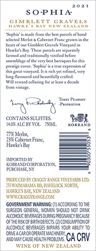 Sophia Gimblett Gravels Vineyard 2021 Back Label