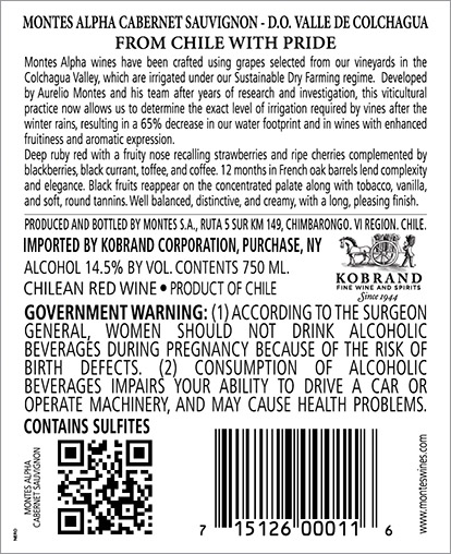 Alpha Cabernet Sauvignon 2019 Back Label