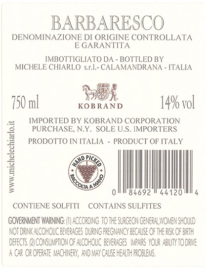 Reyna Barbaresco DOCG Back Label