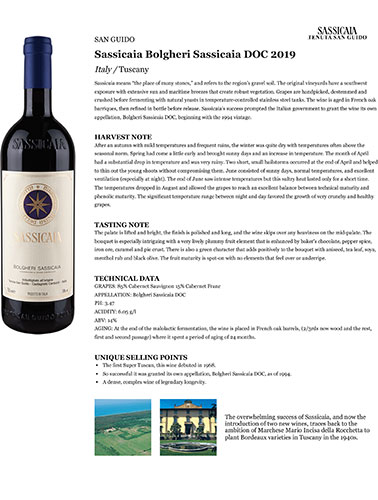 Sassicaia Bolgheri Sassicaia DOC 2019 Fact Sheet