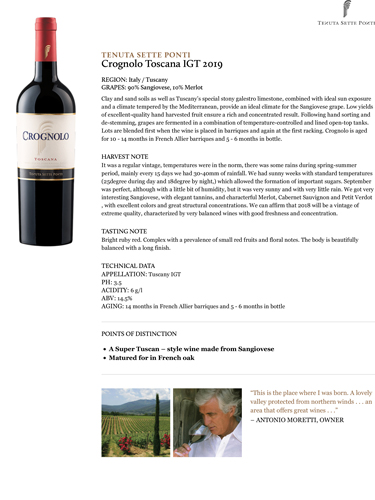 Crognolo Toscana IGT 2019 Fact Sheet