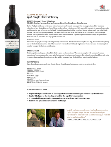 1966 Single Harvest Tawny Fact Sheet