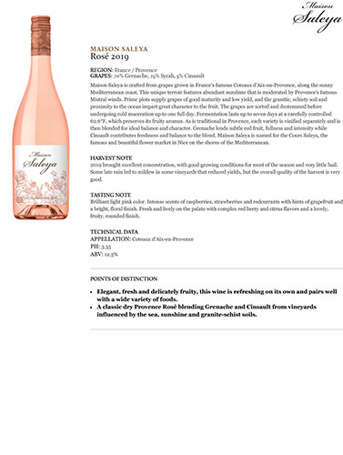 Maison Saleya Rosé 2019 Fact Sheet