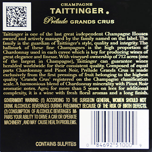 Prélude Grands Crus Back Label