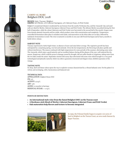 Bolgheri DOC 2018 Fact Sheet
