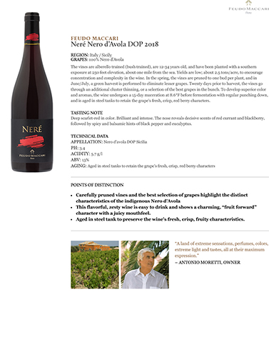 Neré Nero d’Avola DOP 2018 Fact Sheet