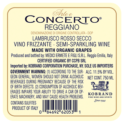 Concerto Reggiano Lambrusco DOC Back Label