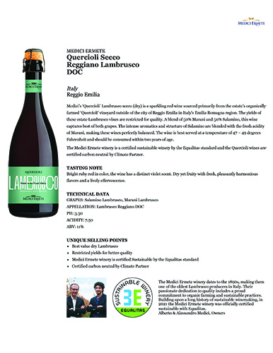 Quercioli Secco Reggiano Lambrusco DOC Fact Sheet