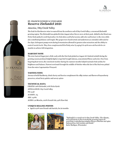 Reserve Zinfandel 2021 Fact Sheet