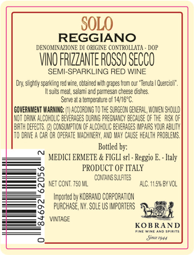 Solo Reggiano Rosso DOC Back Label