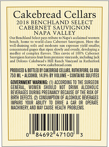 Benchland Select Cabernet Sauvignon 2018 Back Label