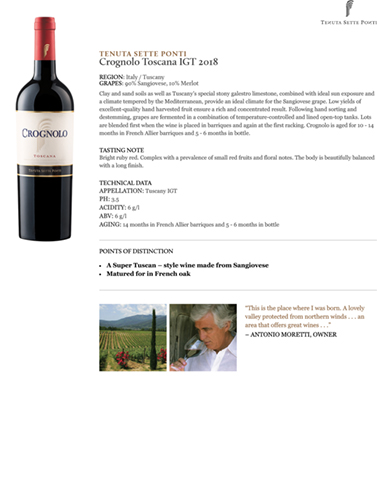 Crognolo Toscana IGT 2018 Fact Sheet