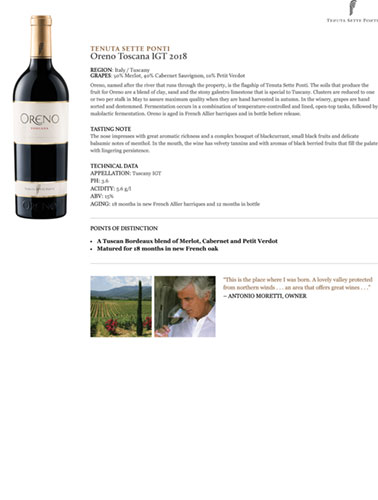Oreno Toscana IGT 2018 Fact Sheet