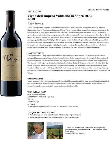Vigna dell’Impero Valdarno di Sopra DOC 2018 Fact Sheet