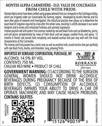 Alpha Carmenère 2019 Back Label