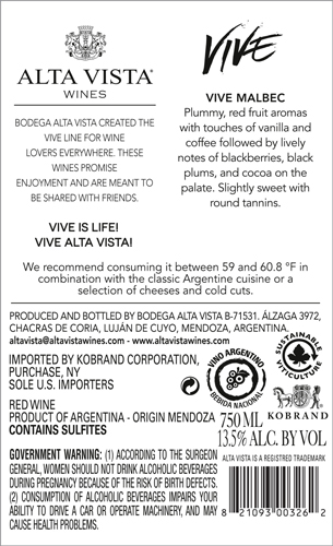 Vive Malbec Back Label