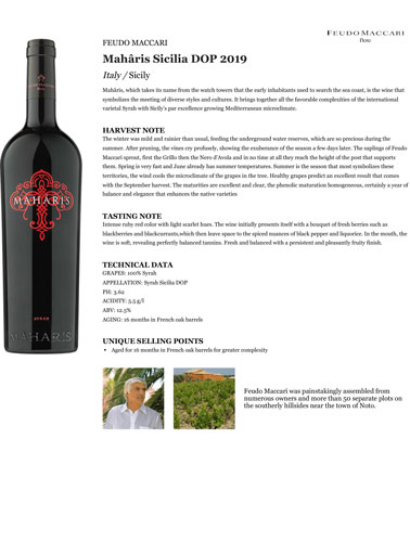 Mahâris Sicilia DOP 2019 Fact Sheet