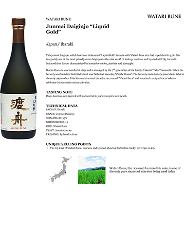 Junmai Daiginjo “Liquid Gold” Fact Sheet