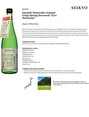 Omachi Namazake Junmai Ginjo Spring Seasonal “Live Heirloom” Fact Sheet