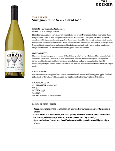 Sauvignon Blanc (New Zealand) 2020 Fact Sheet