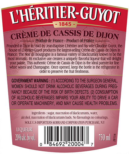 Crème de Cassis de Dijon Back Label