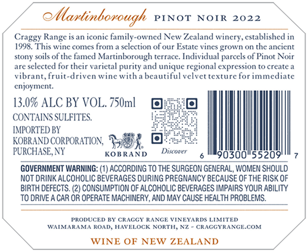 Martinborough Pinot Noir 2022 Back Label