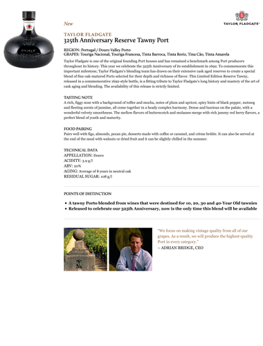 325th Anniversary Reserve Tawny Port Fact Sheet