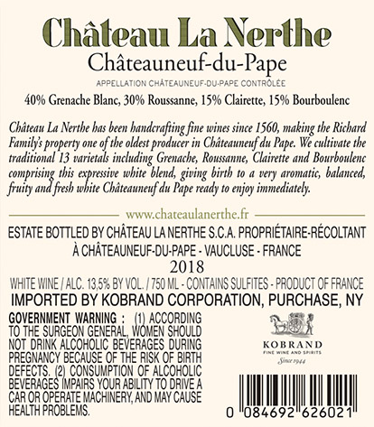 Châteauneuf-du-Pape Blanc 2018 Back Label