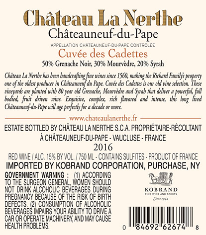 Cuvée des Cadettes Châteauneuf-du-Pape 2016 Back Label