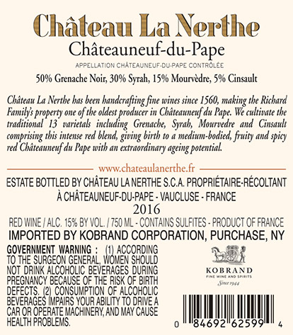 Châteauneuf-du-Pape Rouge 2016 Back Label