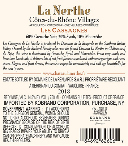 Les Cassagnes Côtes-du-Rhône Villages 2018 Back Label