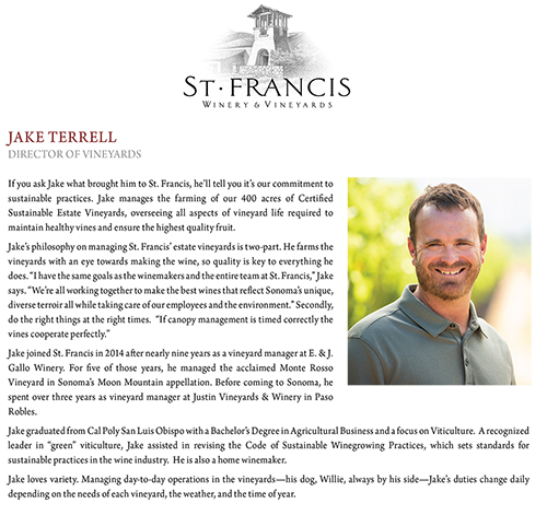 Jake Terrell Biography, St. Francis Director of Vineyards