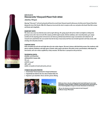 Découverte Vineyard Pinot Noir 2022 Fact Sheet