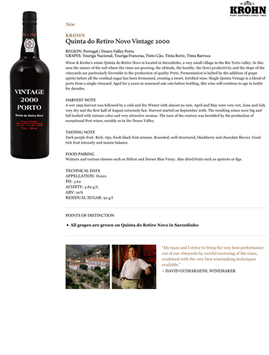 Quinta do Retiro Novo Vintage 2000 Fact Sheet