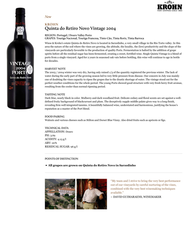 Quinta do Retiro Novo Vintage 2004 Fact Sheet