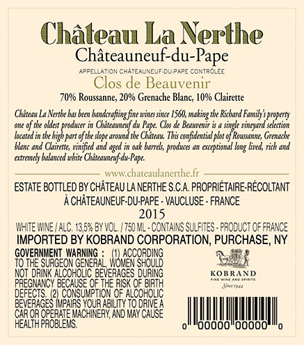 Clos de Beauvenir Châteauneuf-du-Pape Blanc 2015 Back Label