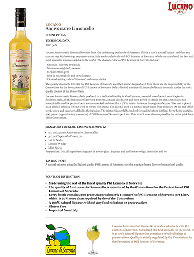 Anniversario Limoncello Fact Sheet