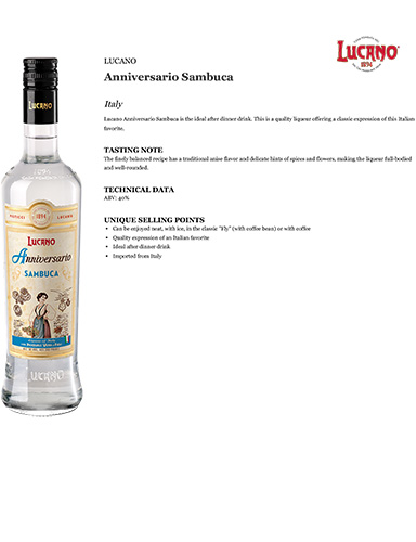 Anniversario Sambuca Fact Sheet