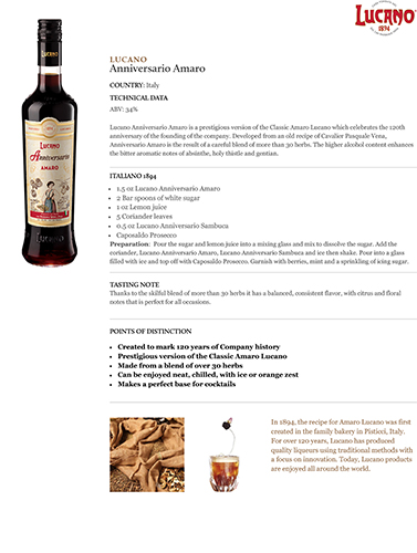 Anniversario Amaro Fact Sheet
