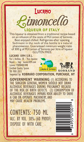 Anniversario Limoncello Back Label