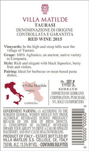 Taurasi Pietrafusa DOCG 2015 Back Label